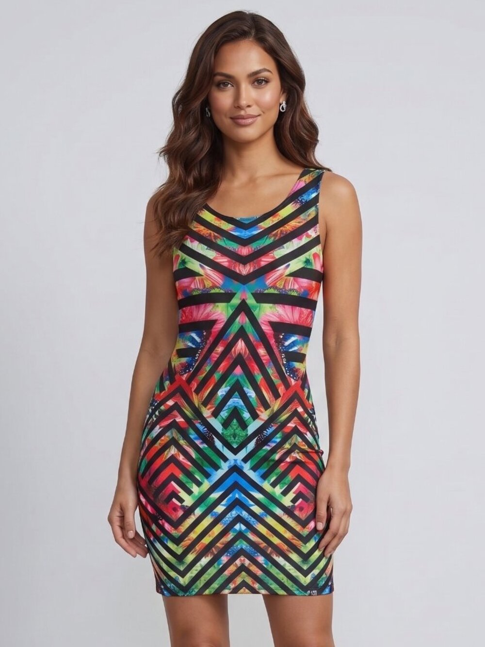 Sleeveless Multi-Color Geometric Print Bodycon Mini Dress - Size: XS/S
